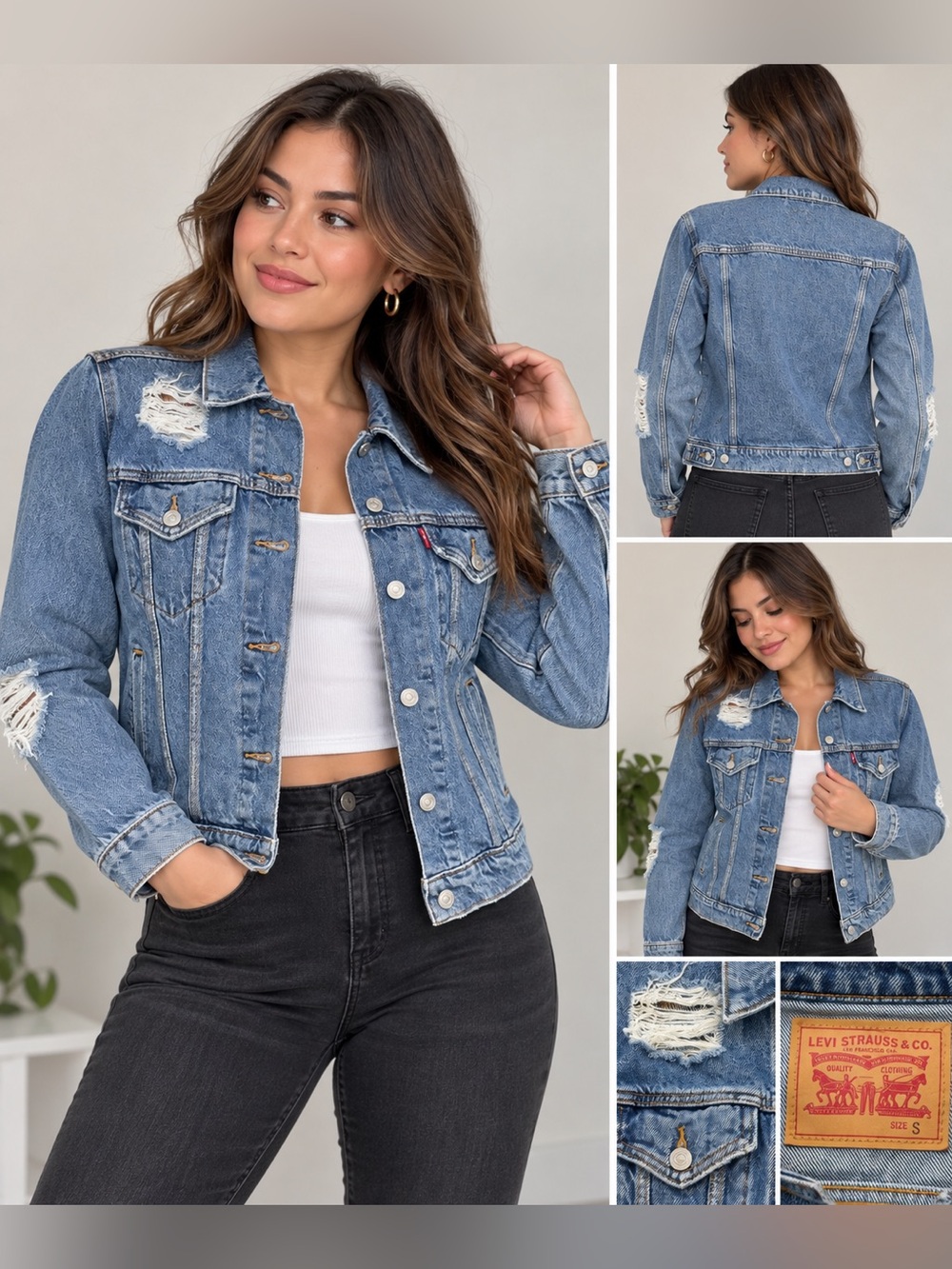 Levi’s Denim Trucker Jacket Women’s Small Blue Distressed Ripped 100% Cotton